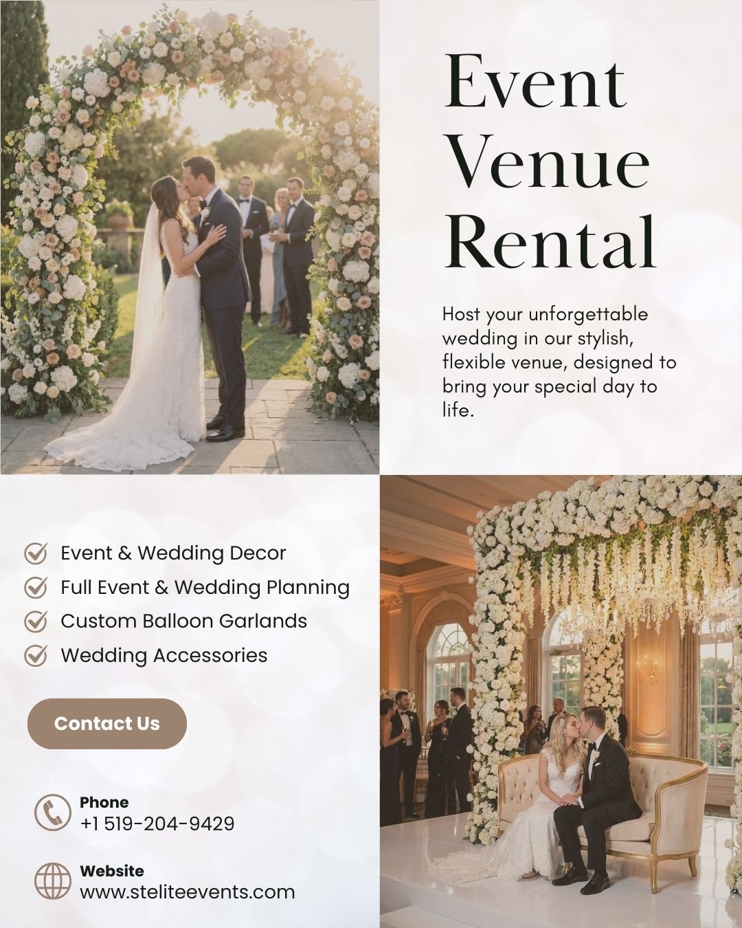 Your love story deserves a setting just as beautiful 🤍

From elegant décor to full wedding planning, we create seamless celebrations designed around your vision. Timeless details, stunning florals, and a venue that transforms your special day into something unforgettable.

Let’s bring your dream event to life ✨
📞 +1 519-204-9429
🌐 www.steliteevents.com